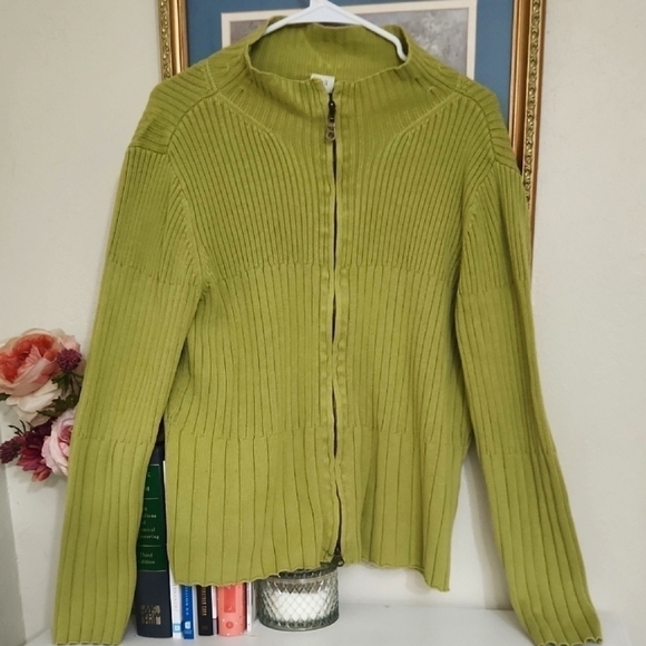 Silk/Cotton Green Ribbed Women's Sweater Career Preppy Feminine Large - Picture 2 of 10